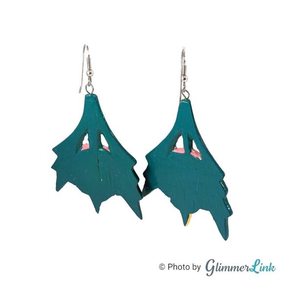 VTG 80s 90s Huge Hibiscus Flower Leaves Hand Painted Carved Wooden Earrings - Picture 6 of 7